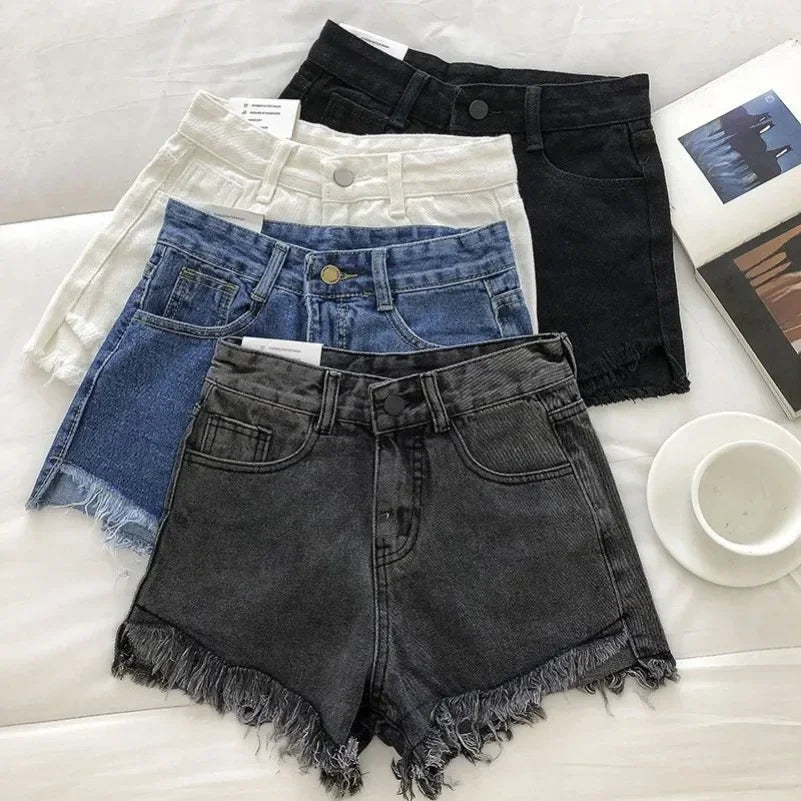 2025 nouveau été femmes haute Wiast ourlet brut Denim Shorts solide blanc noir bleu coréen jambe large pantalon Mon Shorts Jean Shorts