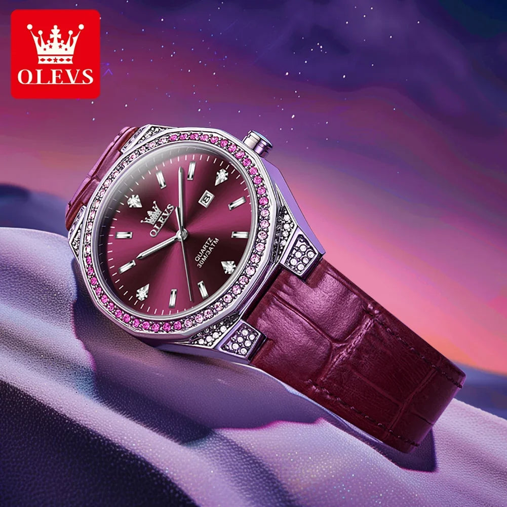 OLEVS 5606 montres de luxe pour femmes diamant tour bracelet en cuir étanche lumineux dames montre-bracelet montre à Quartz pour les femmes Relogio