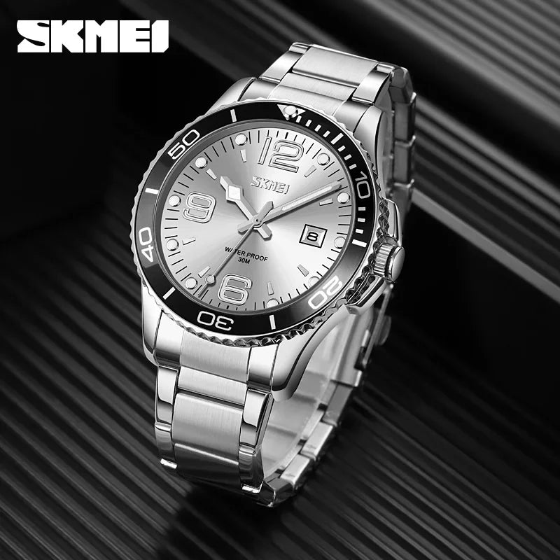 SKMEI 9278 luxe en acier inoxydable heure semaine Date horloge montre à Quartz pour hommes Sport étanche montres hommes Reloj Hombre