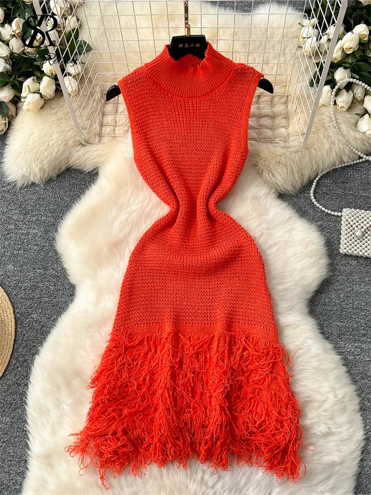 SINGREINY américain Hotsweet robe moulante sans manches Design en fourrure 2025 été Style Simple femmes vacances tricot longue robe