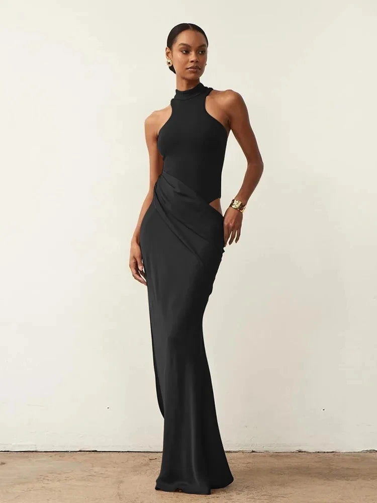 JULISSA MO Satin Sexy évider femmes robe Maxi noir sans manches taille haute robe femme automne maigre élégant fête Clubwear