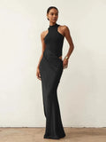 JULISSA MO Satin Sexy évider femmes robe Maxi noir sans manches taille haute robe femme automne maigre élégant fête Clubwear