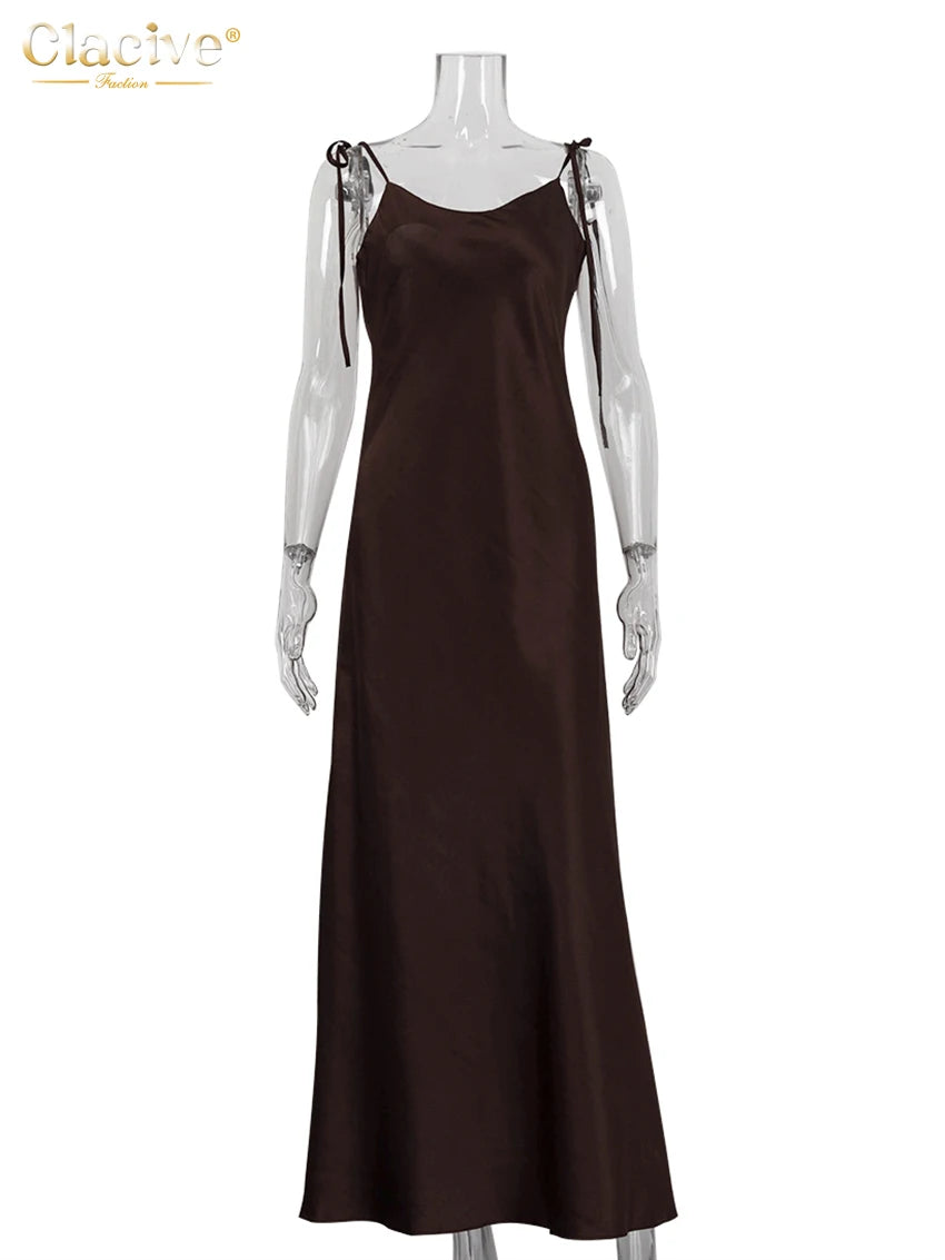 ClacMarkets-Robe en satin marron pour femme, bretelles, longueur au sol, sexy, dos nu, été 2025