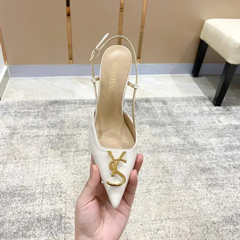 Baotou – sandales à talons aiguilles blanches élégantes pour femmes, sandales d'été à la mode avec boucle en métal, Design à dos pointu, nouvelles chaussures pour dames 2025