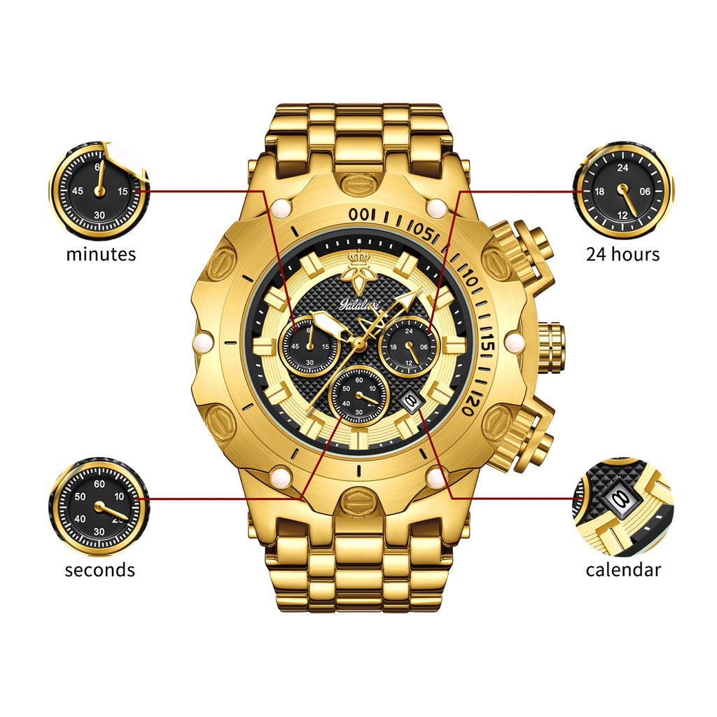 YaLaLuSi – montre en or pour hommes, multi chronographe, 3 sous-cadrans, bracelet robuste, cadran lumineux, montre-bracelet à Quartz, cadeau pour homme
