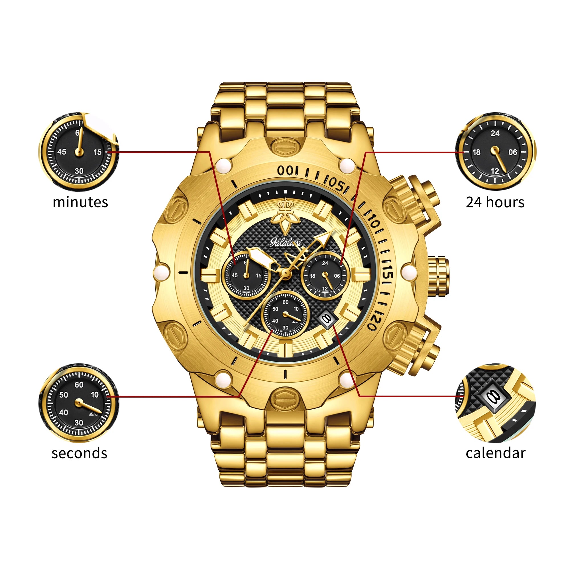 YaLaLuSi – montre en or pour hommes, multi chronographe, 3 sous-cadrans, bracelet robuste, cadran lumineux, montre-bracelet à Quartz, cadeau pour homme