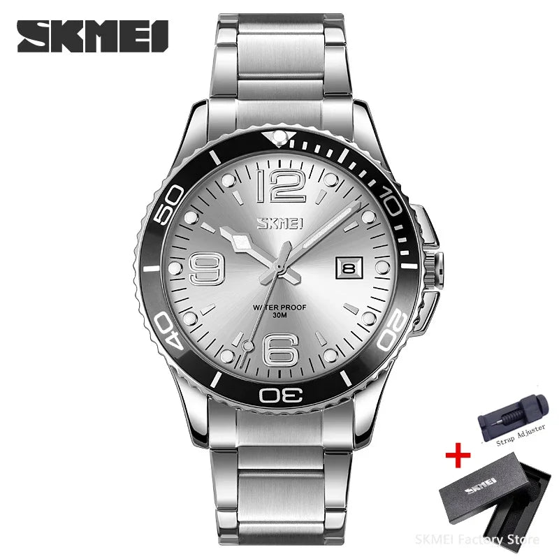 SKMEI 9278 luxe en acier inoxydable heure semaine Date horloge montre à Quartz pour hommes Sport étanche montres hommes Reloj Hombre