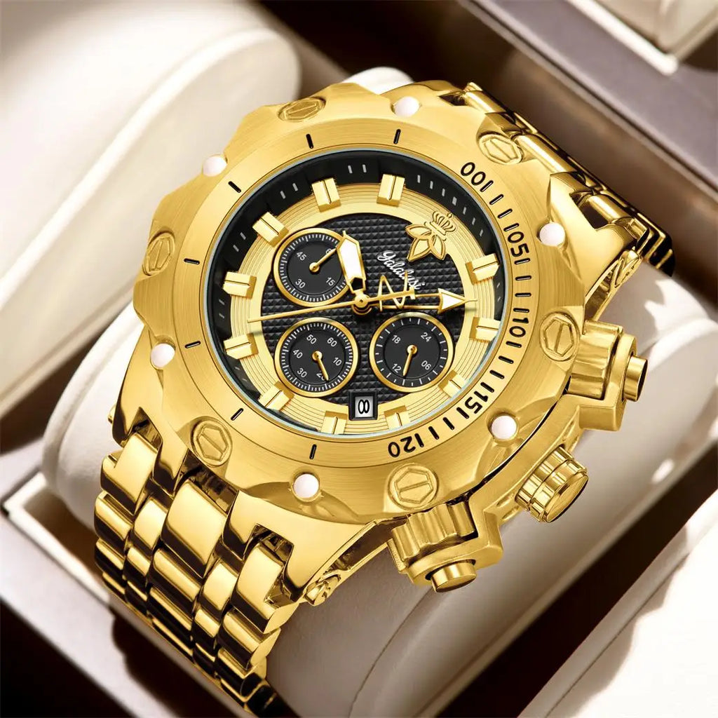 YaLaLuSi – montre en or pour hommes, multi chronographe, 3 sous-cadrans, bracelet robuste, cadran lumineux, montre-bracelet à Quartz, cadeau pour homme