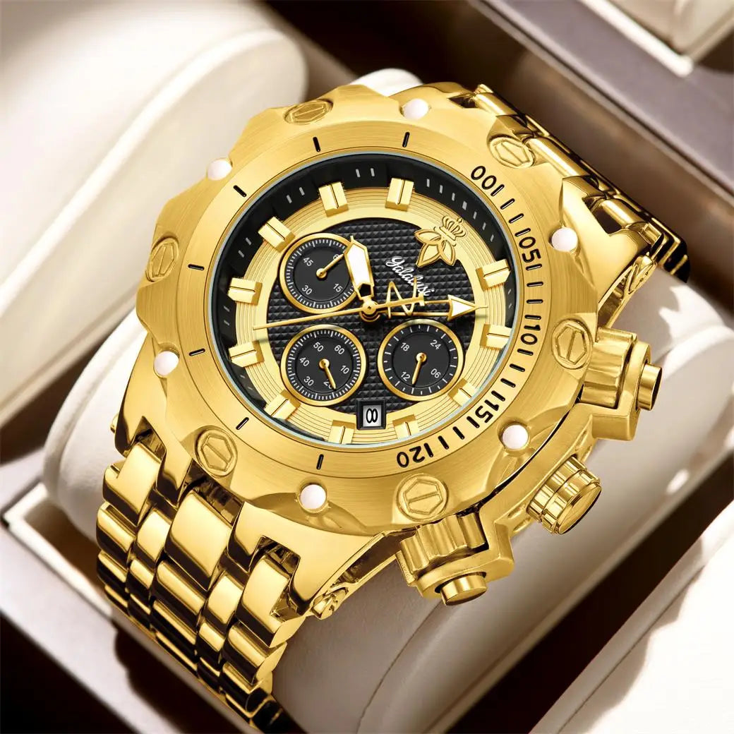 YaLaLuSi – montre en or pour hommes, multi chronographe, 3 sous-cadrans, bracelet robuste, cadran lumineux, montre-bracelet à Quartz, cadeau pour homme