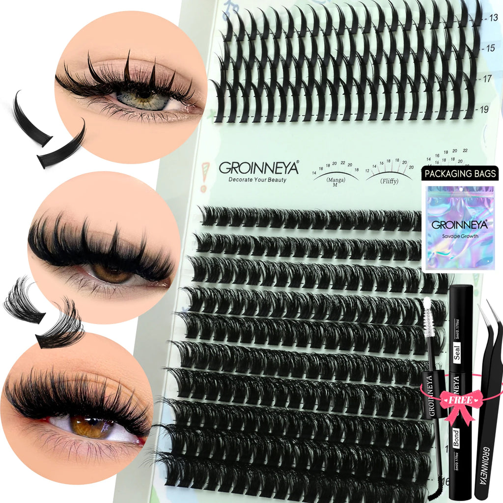 GROINNEYA Kit de grappes de cils pointes cils individuels grappes de cils Kit de grappes de cils D-curly avec maquillage de liaison et de joint