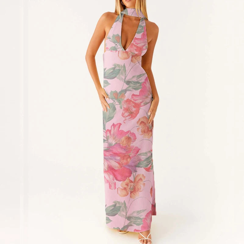 Maemukilabe Robe longue sexy sans manches, coupe basse, imprimée, style Boho, col licou, coupe cintrée, fluide, dos nu, floral, vêtements de plage d'été