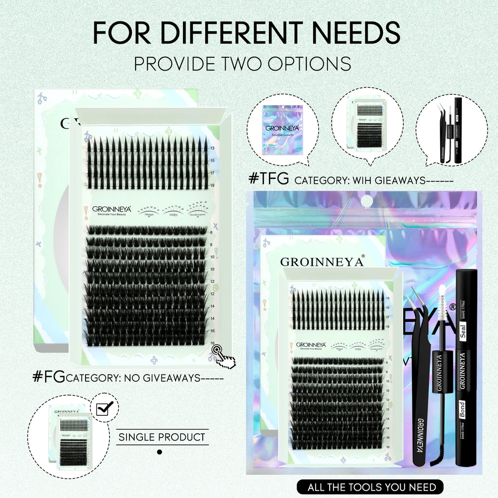 GROINNEYA Kit de grappes de cils pointes cils individuels grappes de cils Kit de grappes de cils D-curly avec maquillage de liaison et de joint