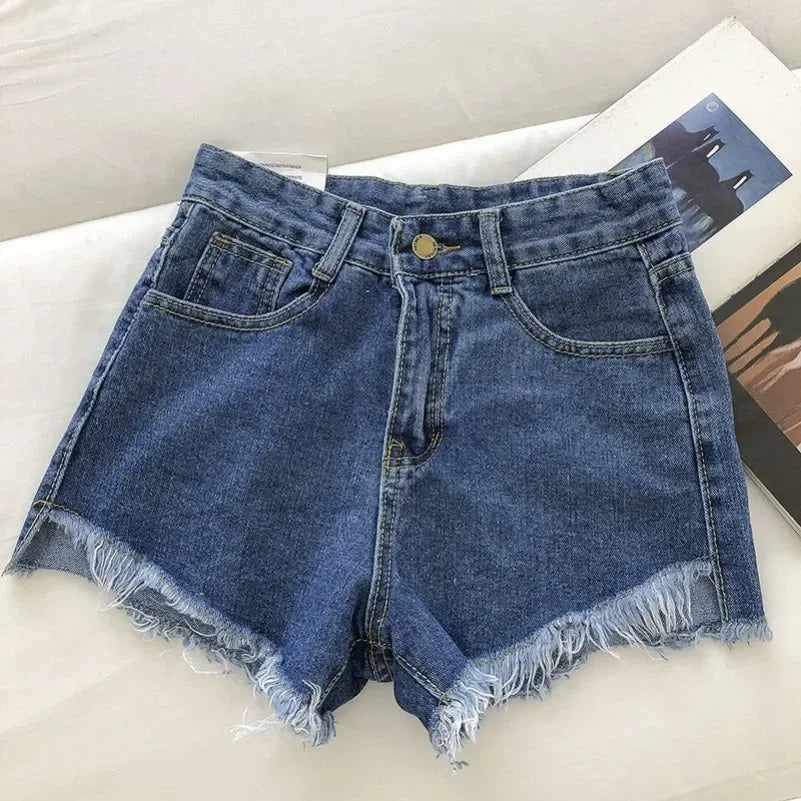 2025 nouveau été femmes haute Wiast ourlet brut Denim Shorts solide blanc noir bleu coréen jambe large pantalon Mon Shorts Jean Shorts