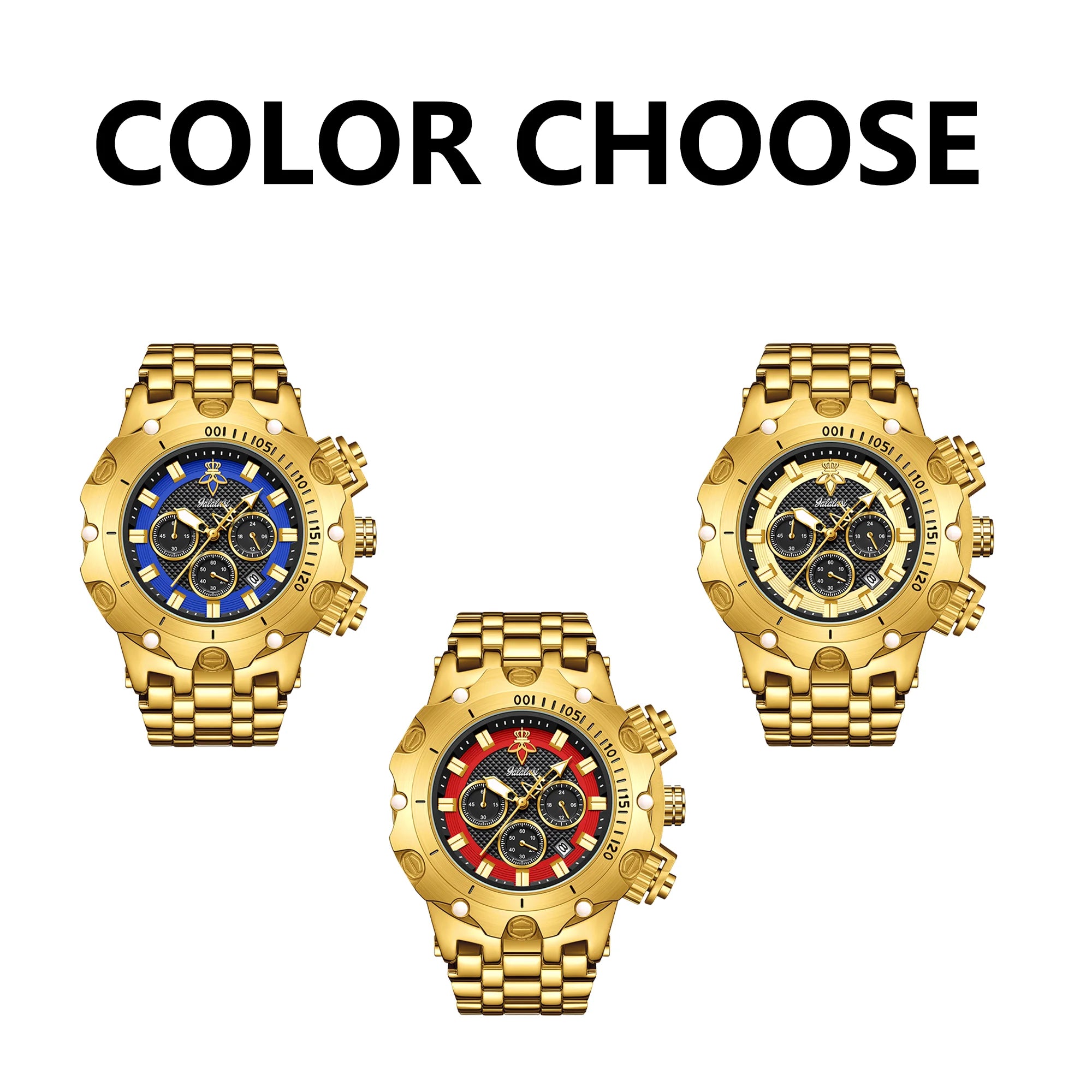 YaLaLuSi – montre en or pour hommes, multi chronographe, 3 sous-cadrans, bracelet robuste, cadran lumineux, montre-bracelet à Quartz, cadeau pour homme