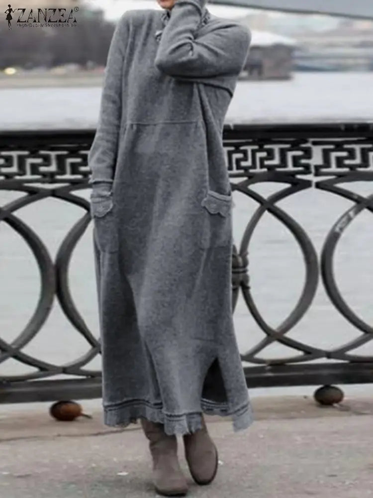 ZANZEA-Robe sweat-shirt à manches longues et col rond pour femme, pull au crochet en dentelle, robe d'été, sweats à capuche monochromes, robe éducative, sourire, hiver, automne