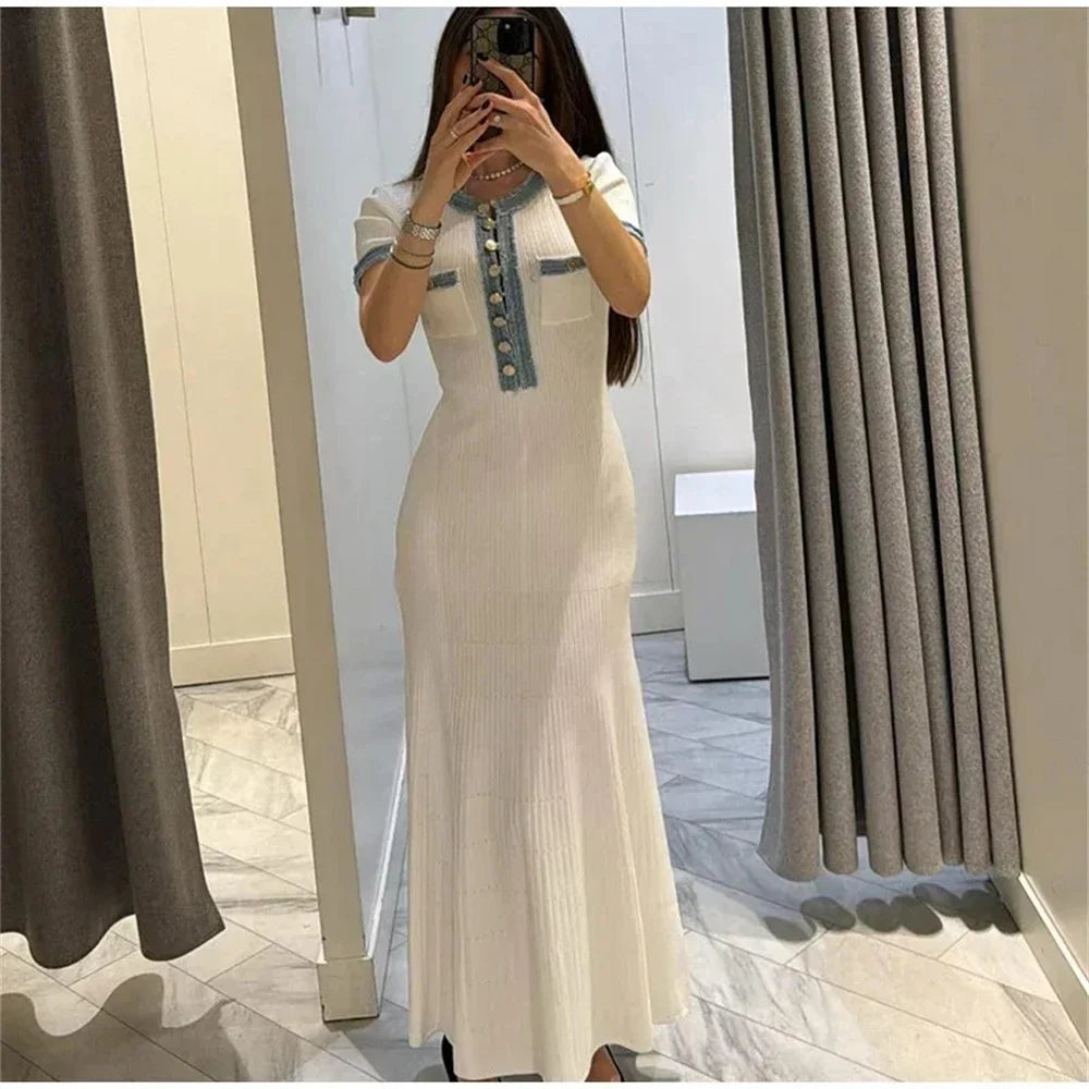 Robe Maxi en Tricot Élégante pour Femme, Col Rond, Manches Courtes, lèvent en Métal, Batterie, Tenue de Bureau Chic
