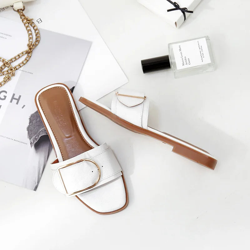Pantoufles Plates d'Été en Cuir pour Femme, Sandales Carrées, Tongs de Styliste, Chaussures de Luxe