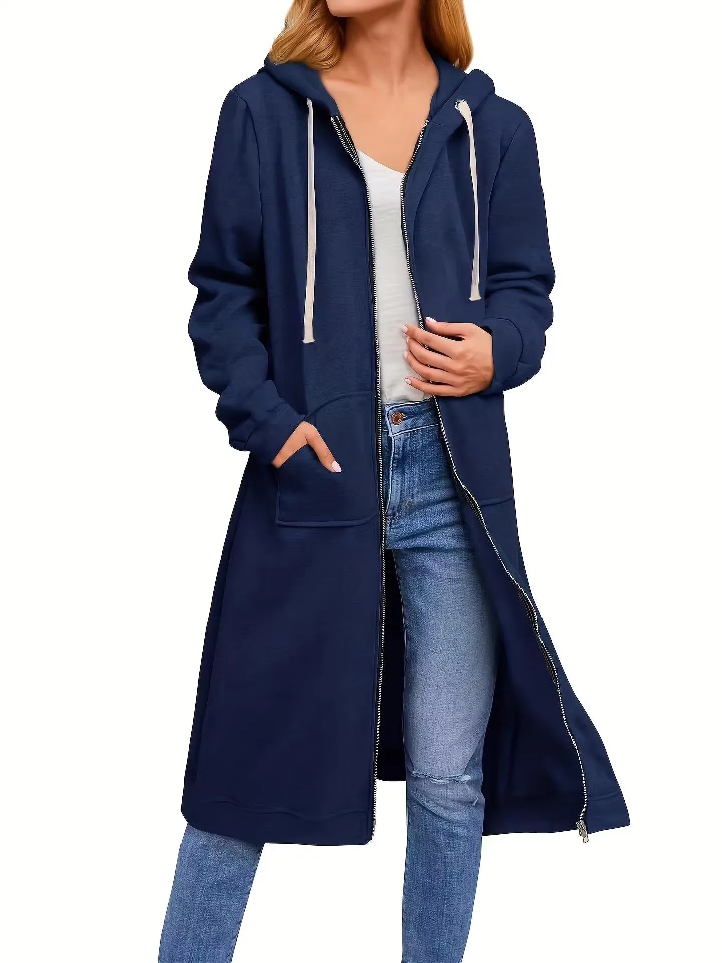 Sweat à capuche grande taille pour femmes, décontracté, fermeture éclair complète, confortable, longs, à la mode, avec poches