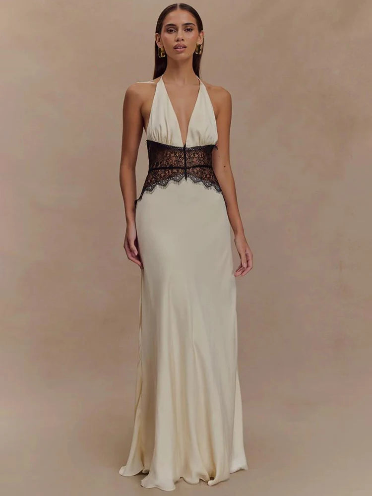 Mozision été dos nu Sexy robe Maxi femmes robe Patchwork dentelle licou col en V profond sans manches taille haute élégante robe longue