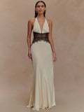 Mozision été dos nu Sexy robe Maxi femmes robe Patchwork dentelle licou col en V profond sans manches taille haute élégante robe longue