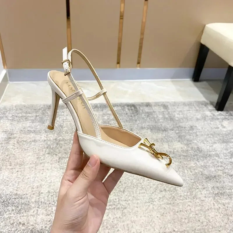 Baotou – sandales à talons aiguilles blanches élégantes pour femmes, sandales d'été à la mode avec boucle en métal, Design à dos pointu, nouvelles chaussures pour dames 2025