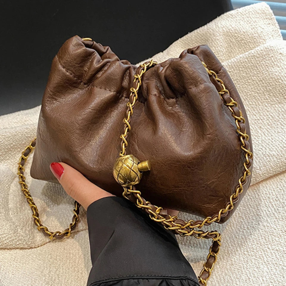 Sac à bandoulière en cuir PU pour femmes, sac à bandoulière avec chaîne, sac à main décontracté plissé en vagabonds, sac à main à la mode pour femmes