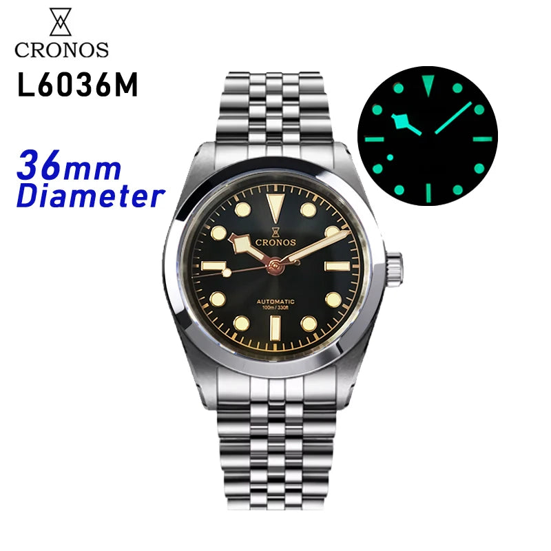 Montre mécanique pour homme Cronos BB36, 36 mm, automatique, verre saphir PT5000, bracelet brossé, 5 maillons solides, 10 ATM, L6036M