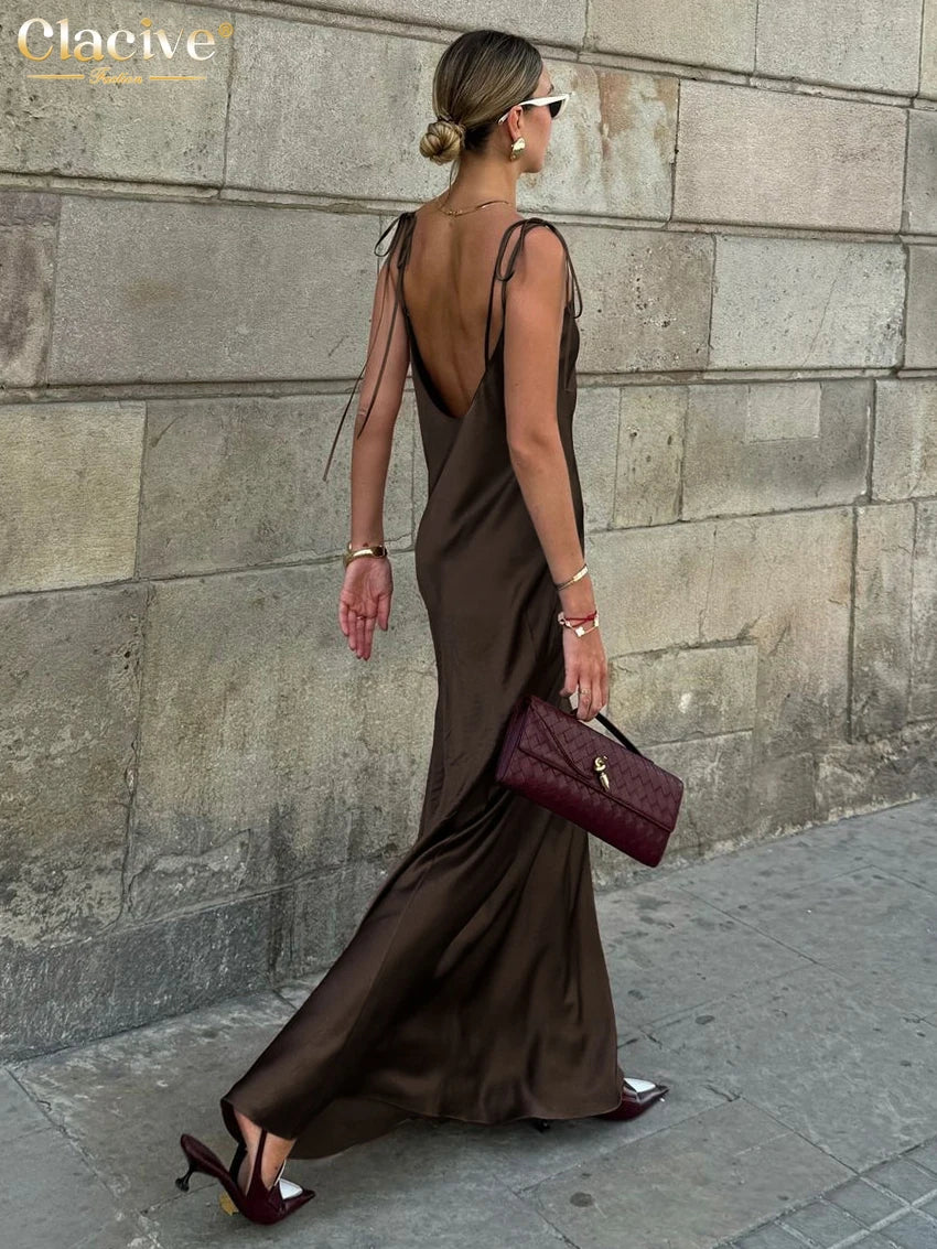 ClacMarkets-Robe en satin marron pour femme, bretelles, longueur au sol, sexy, dos nu, été 2025