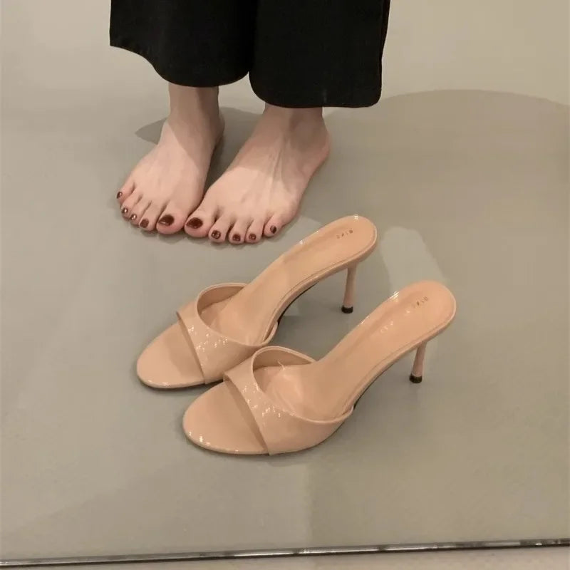 2025 été nouvelle marque femmes pantoufle mode bout ouvert sans lacet diapositives dames élégant mince robe à talons hauts pompes diapositives
