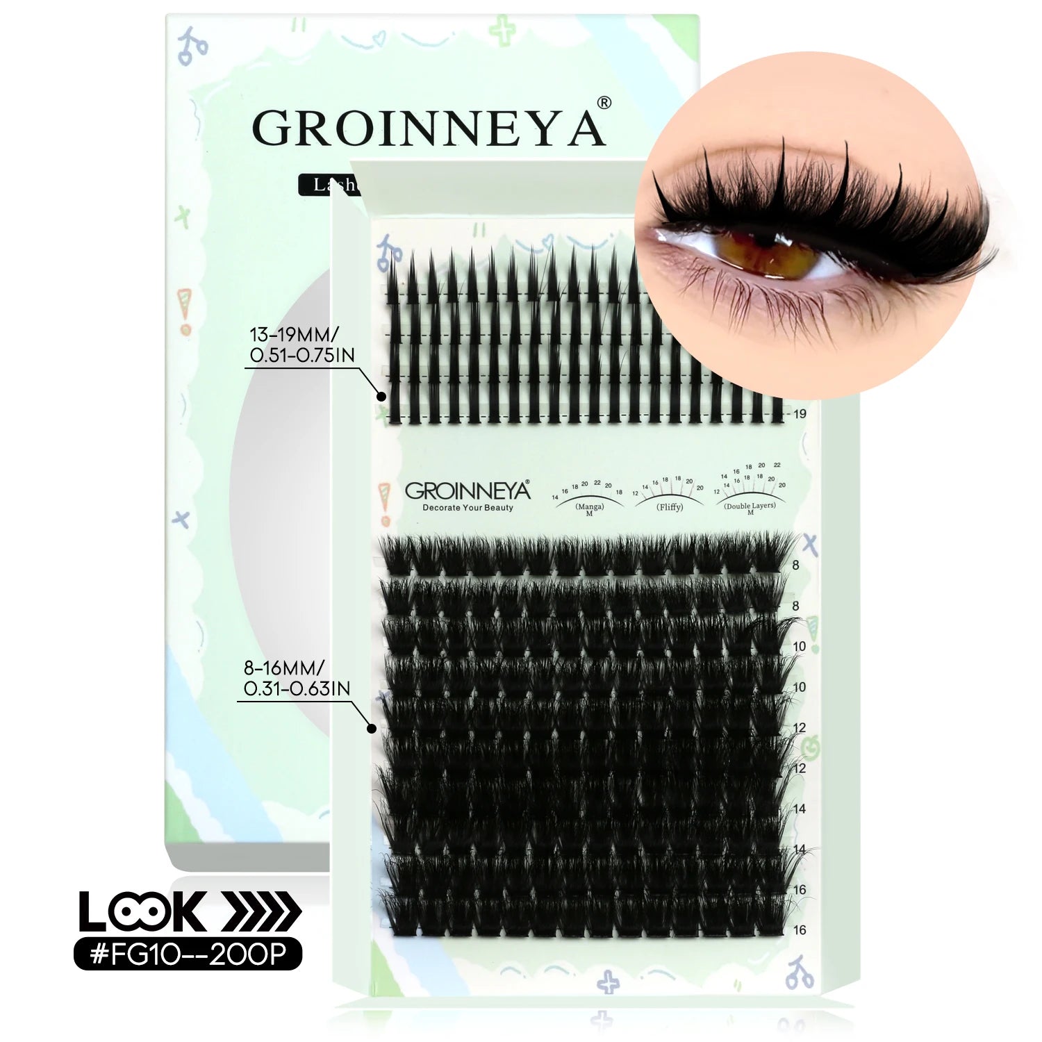 GROINNEYA Kit de grappes de cils pointes cils individuels grappes de cils Kit de grappes de cils D-curly avec maquillage de liaison et de joint