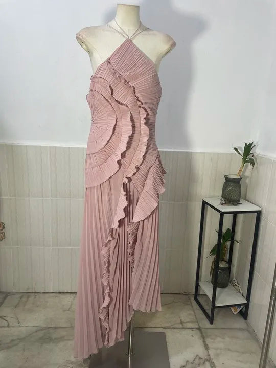 IEQJ mode plis robe irrégulière femmes licou sans manches à plusieurs niveaux robes décontractées 2025 été nouvelle marée 3QW1045