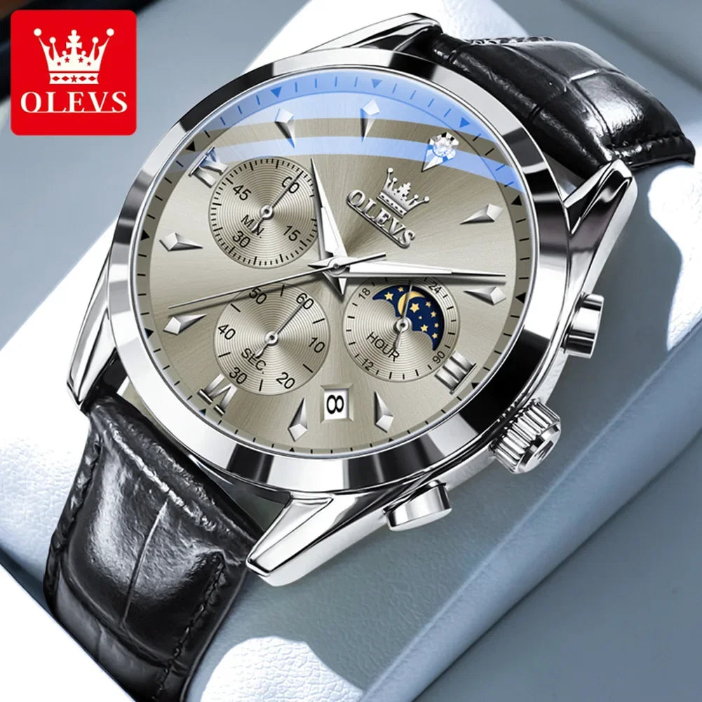 OLEVS 3609 Original Phase de lune chronographe montre pour hommes en cuir étanche lumineux luxe Quartz hommes montres Reloj Mujer