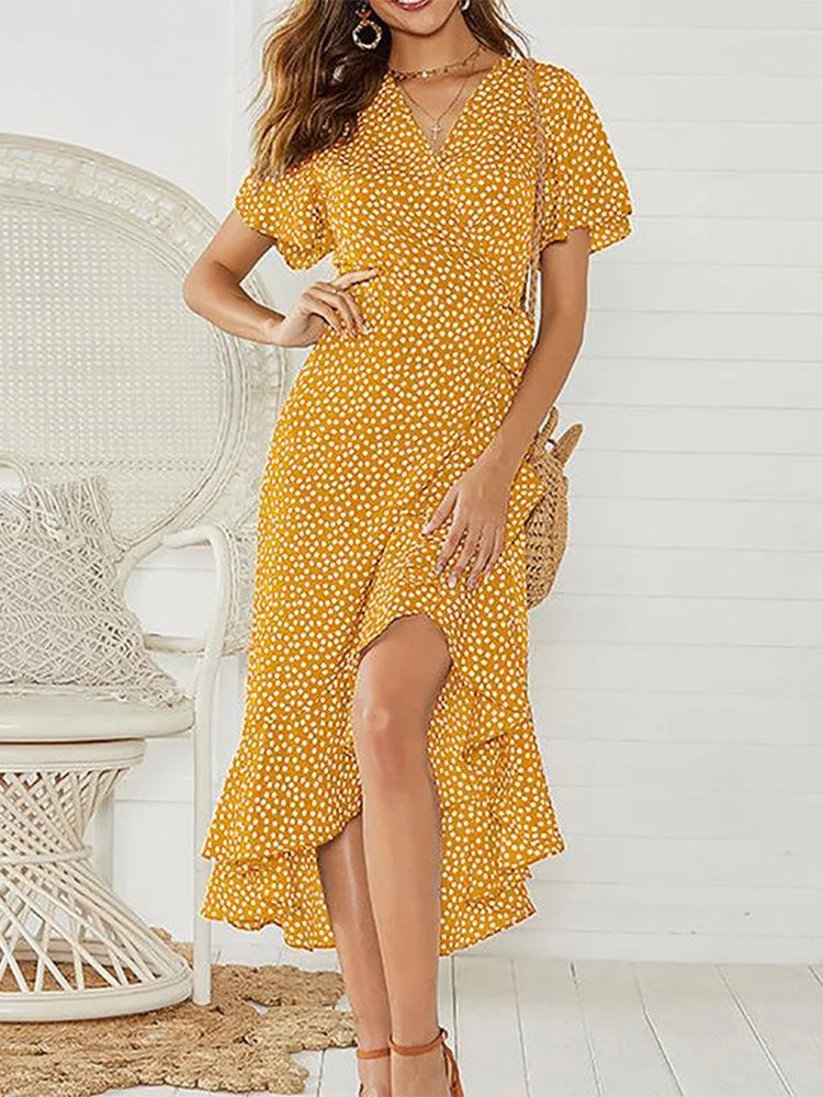 Robe longue en mousseline de soie pour femmes, imprimé floral, style boho, volants ronds, décontracté, col en v, fendue, sexy, robe de soirée, été