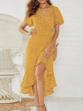 Robe longue en mousseline de soie pour femmes, imprimé floral, style boho, volants ronds, décontracté, col en v, fendue, sexy, robe de soirée, été