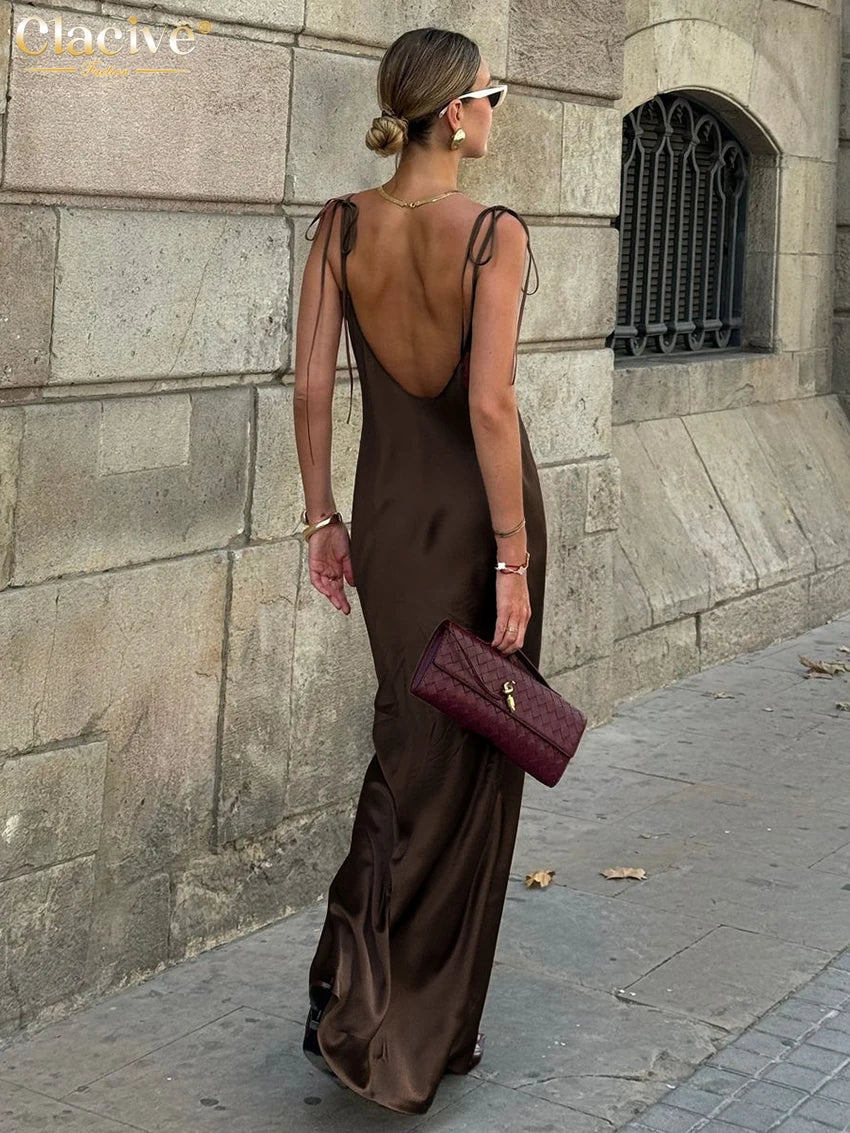 ClacMarkets-Robe en satin marron pour femme, bretelles, longueur au sol, sexy, dos nu, été 2025
