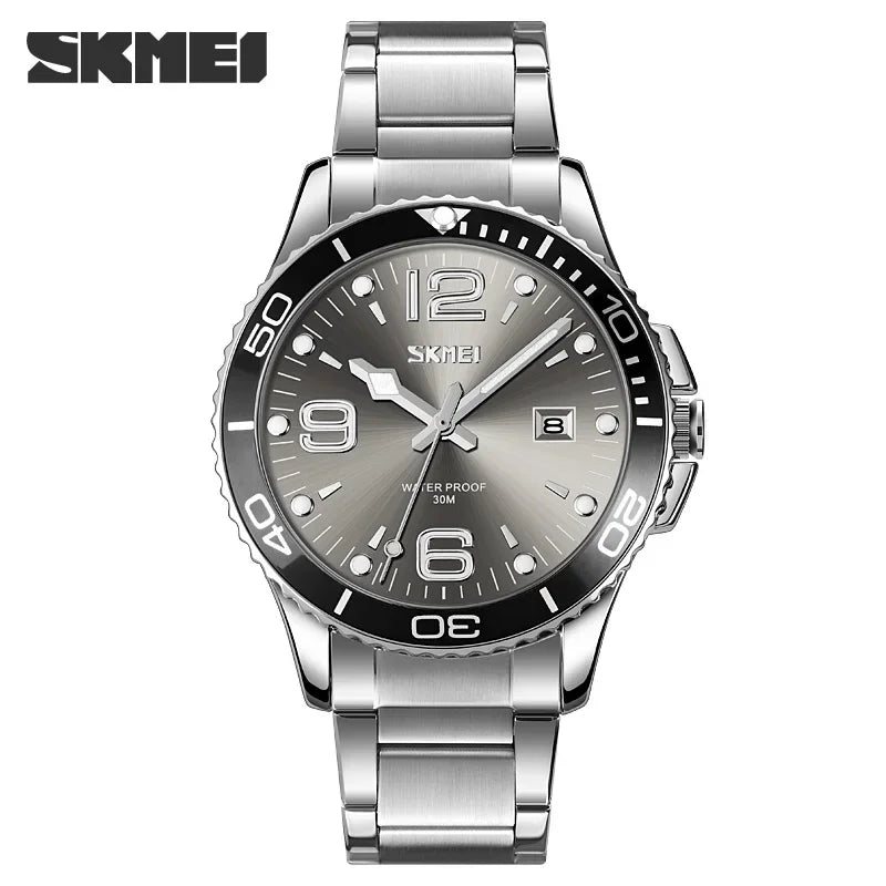 SKMEI 9278 luxe en acier inoxydable heure semaine Date horloge montre à Quartz pour hommes Sport étanche montres hommes Reloj Hombre