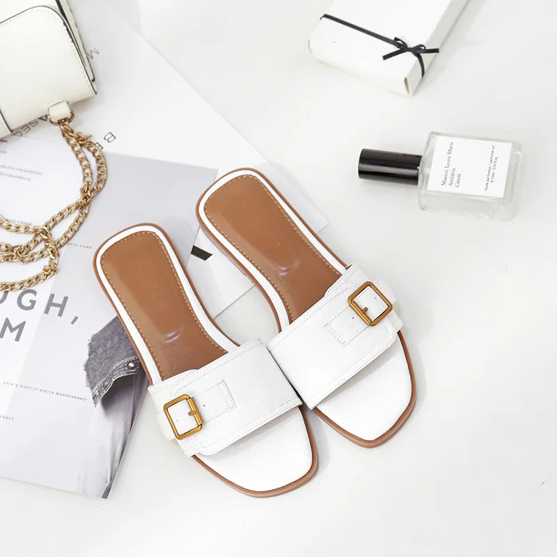 Pantoufles Plates d'Été en Cuir pour Femme, Sandales Carrées, Tongs de Styliste, Chaussures de Luxe