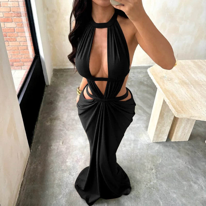 Robe longue de soirée élégante kaki, style licou, à découpes, drapée, dos très ouvert, sans taille, sans manches, pour soirée et bal de promo
