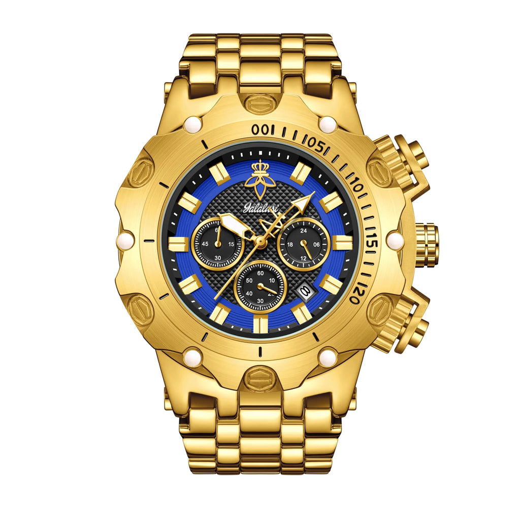 YaLaLuSi – montre en or pour hommes, multi chronographe, 3 sous-cadrans, bracelet robuste, cadran lumineux, montre-bracelet à Quartz, cadeau pour homme