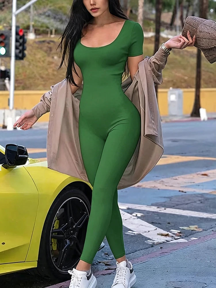 Barboteuse à manches courtes pour femmes, couleur unie, slim, batterie con, combinaisons, sport, fitness, décontracté, activité, streetwear, salopette