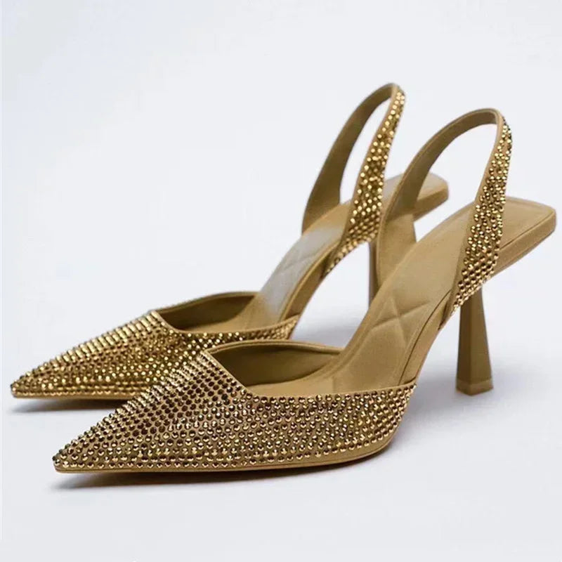2025 été nouvelle marque femmes sandales mode cristal boucle Slingback talons hauts fête élégante or femme chaussures Sexy pompes