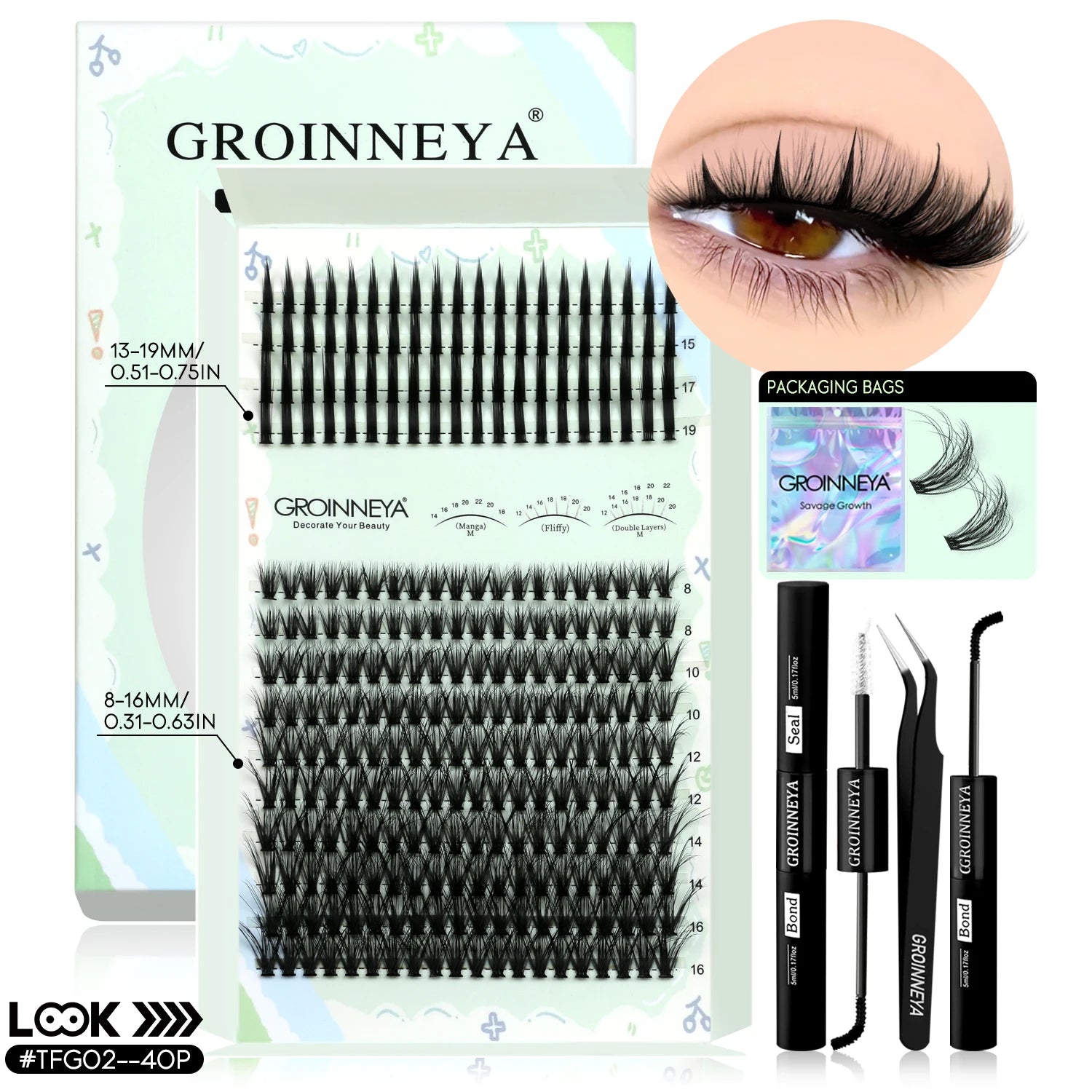 GROINNEYA Kit de grappes de cils pointes cils individuels grappes de cils Kit de grappes de cils D-curly avec maquillage de liaison et de joint