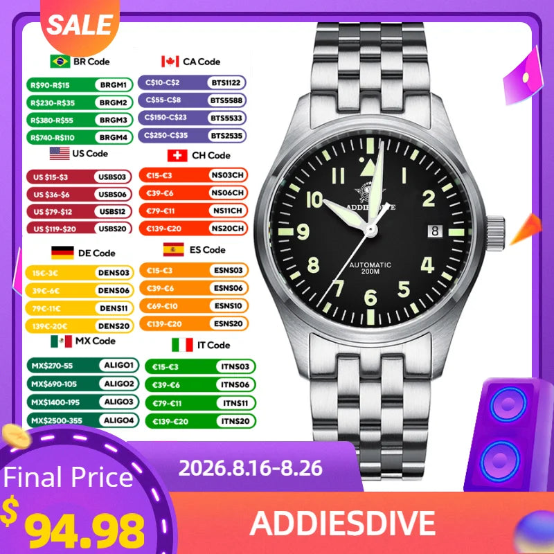 ADDIESDIVE – montre mécanique automatique pour hommes, C3, Super lumineuse, étanche 20 bars, en acier inoxydable 316L, AD2519